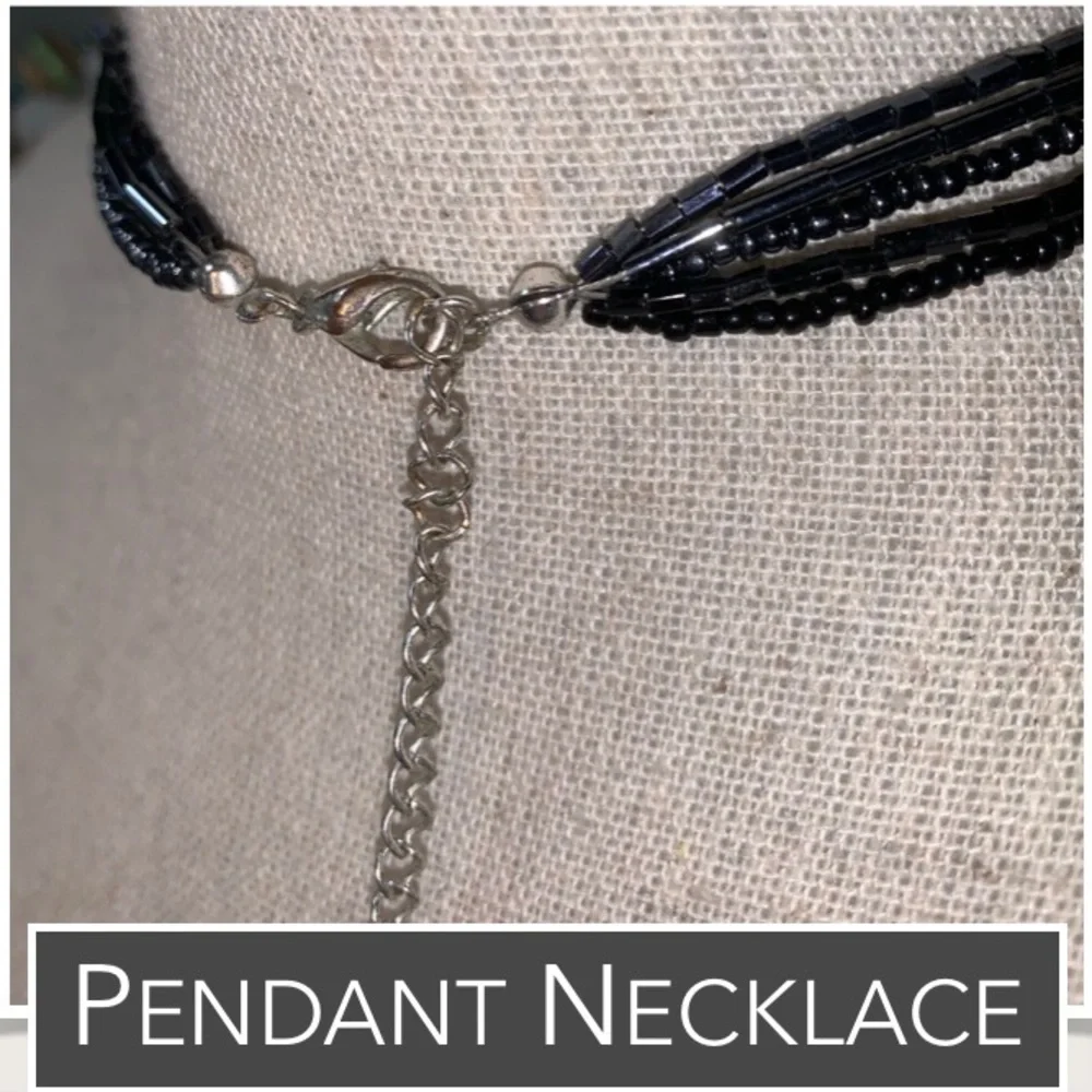 5-Strand Pendant Necklace,‎ Silver-tone Pendant Inlaid Black Stone & Bead Detail